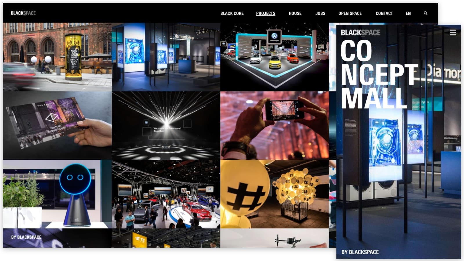 BLACKSPACE Website auf Desktop und Smartphone: Projektübersicht und mobile Startseite