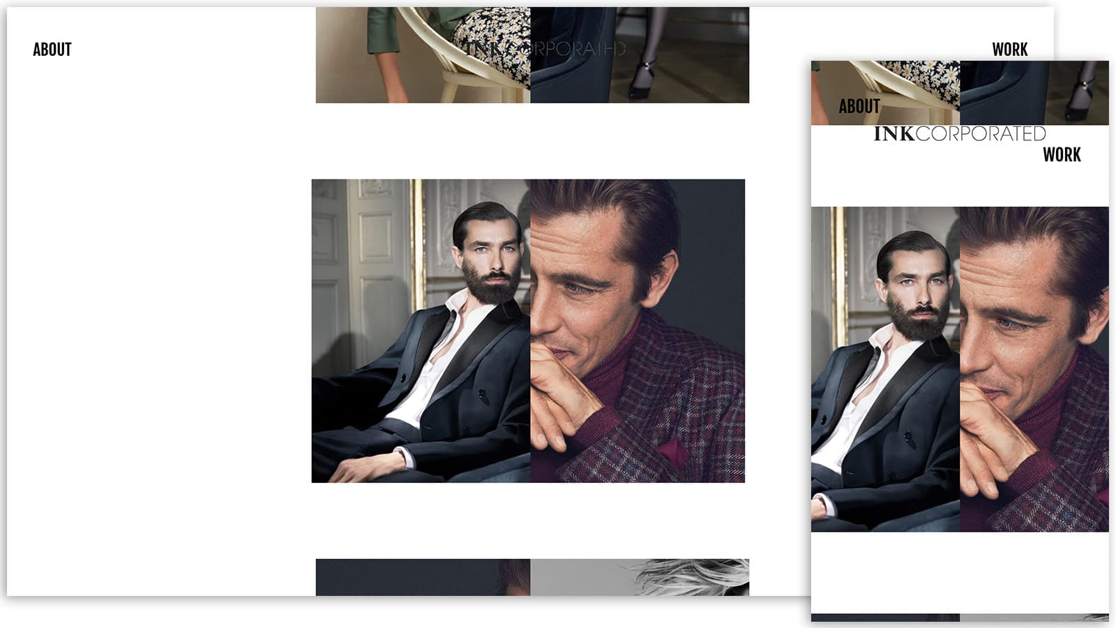 Startseite der INKcorporated-Website mit animierter Collage aus Fashion-Kampagnen