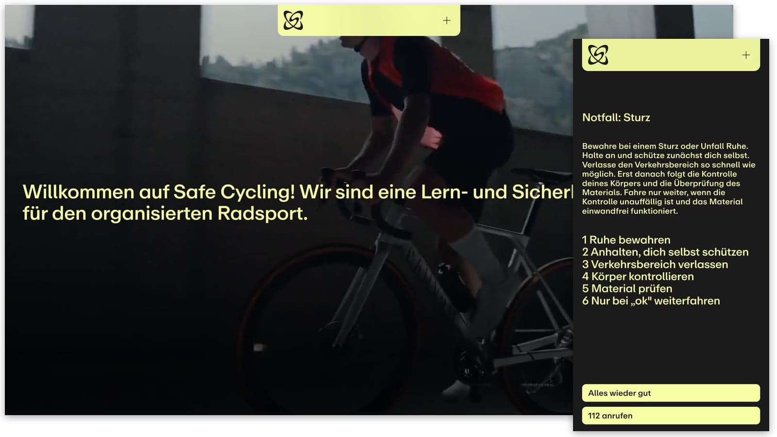 Safe Cycling Website auf Desktop und Smartphone: Startseite und Notfallseite Sturz
